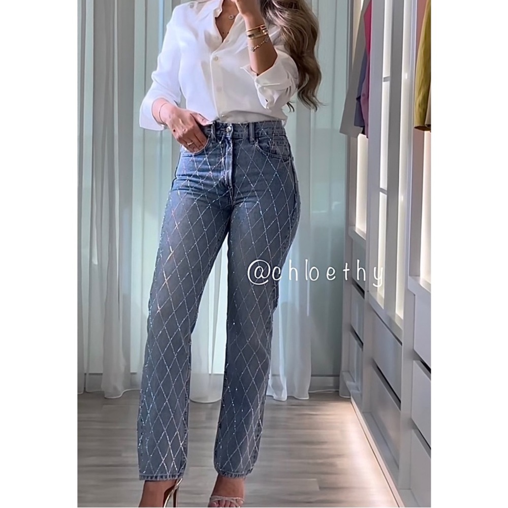 Zara TRF RHINESTONE HIGH RISE WIDE LEG JEANS